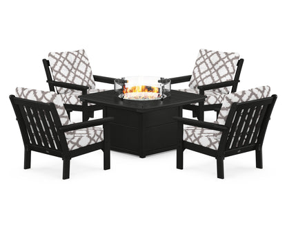 POLYWOOD® Vineyard 5-Piece Conversation Set with Fire Pit Table in Black / Trellis Grey Mist