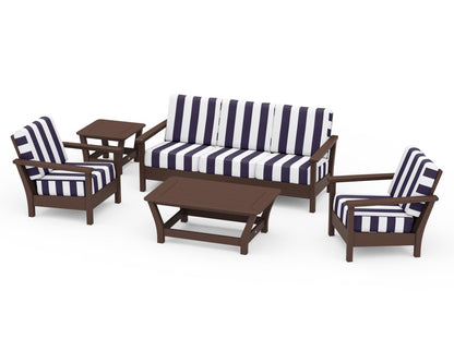 POLYWOOD® Harbour 5-Piece Deep Seating Set in Mahogany / Cabana Stripe Navy