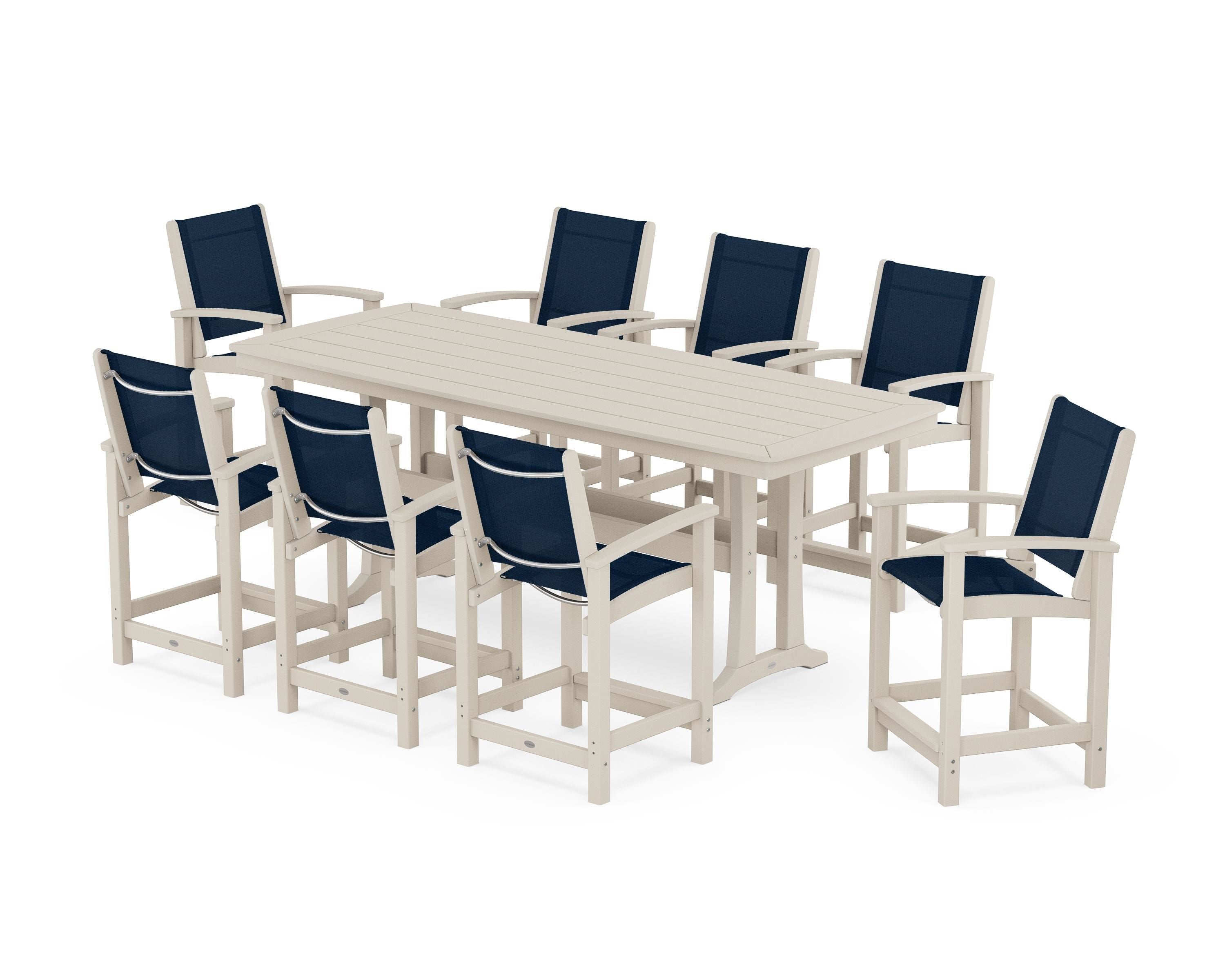 POLYWOOD® Coastal 9-Piece Counter Set with Trestle Legs in Sand / Navy Blue Sling