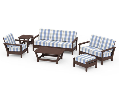 POLYWOOD® Harbour 6-Piece Outdoor Living Set in Mahogany / Buffalo Plaid Sky Blue