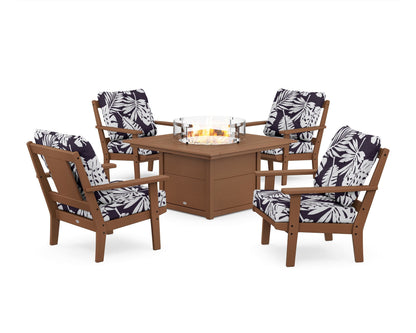 POLYWOOD® Prairie 5-Piece Deep Seating Set with Fire Pit Table in Teak / Leaf Navy