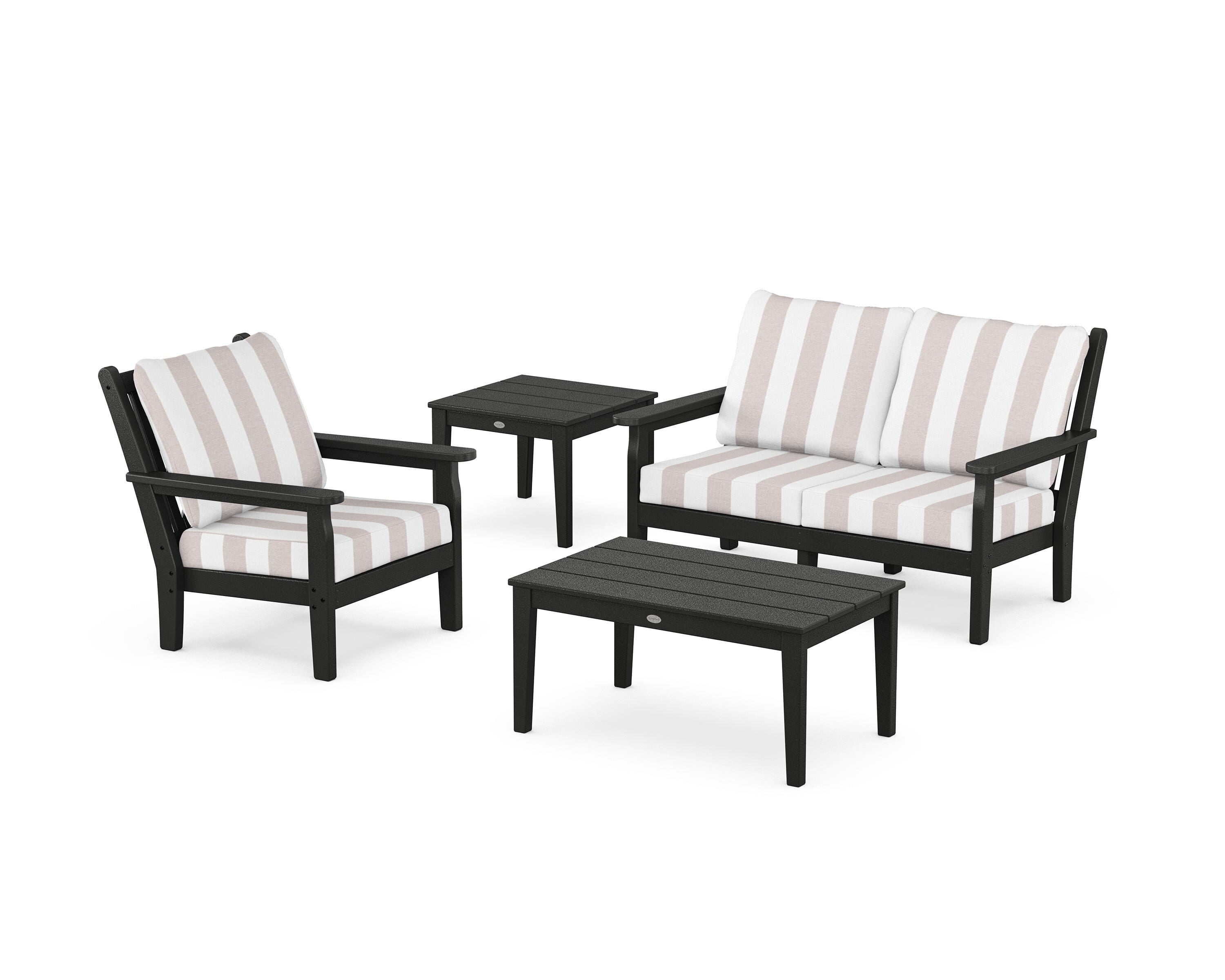 POLYWOOD® Chippendale 4-Piece Deep Seating Set in Black / Cabana Stripe Dune Burlap