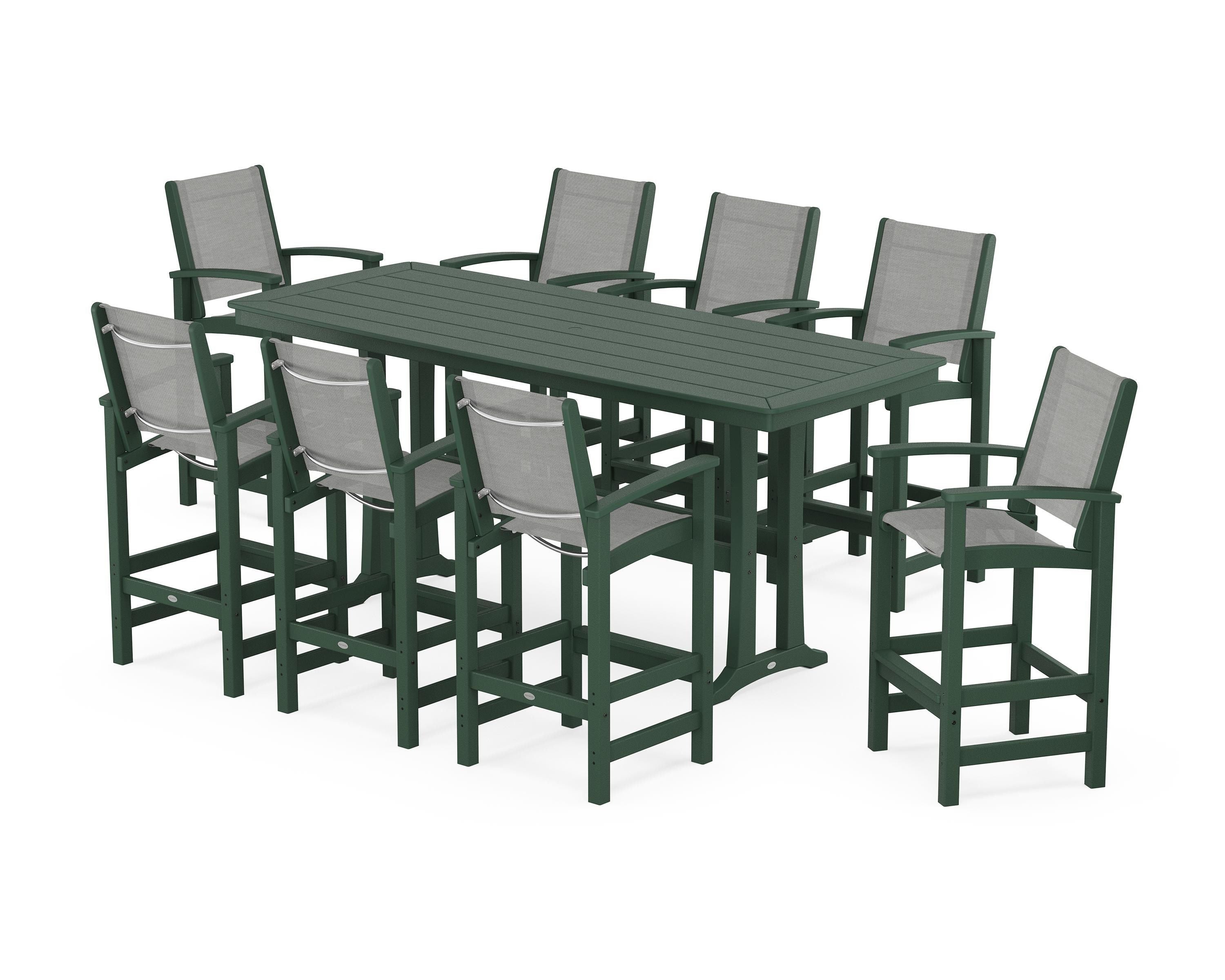 POLYWOOD® Coastal 9-Piece Bar Set with Trestle Legs in Green / Metallic Sling