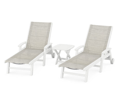 POLYWOOD® Coastal 3-Piece Wheeled Chaise Set in White / Birch Sling