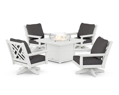 POLYWOOD® Chippendale 5-Piece Deep Seating Swivel Conversation Set with Fire Pit Table in White / Ash Charcoal