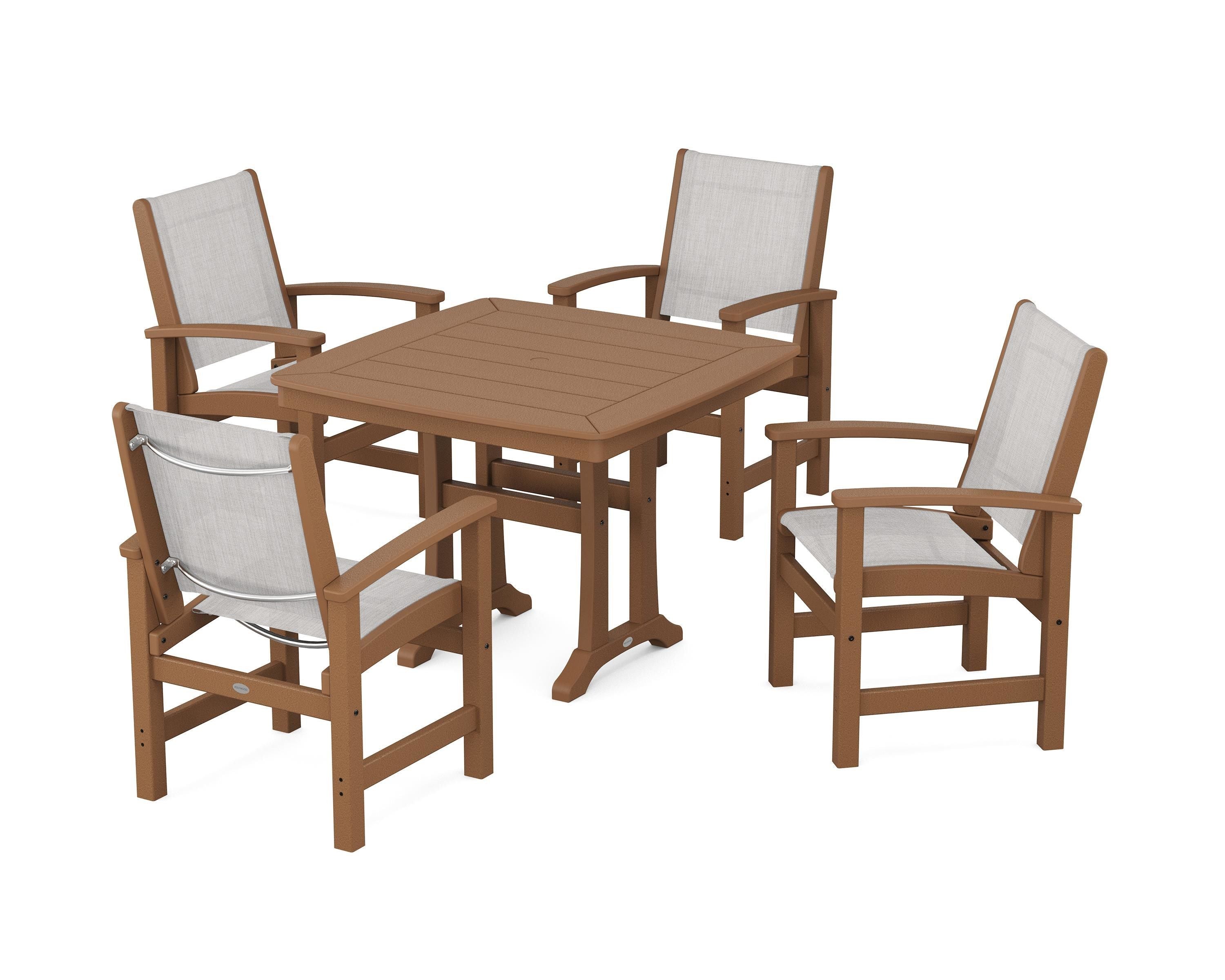 POLYWOOD® Coastal 5-Piece Dining Set with Trestle Legs in Teak / Parchment Sling