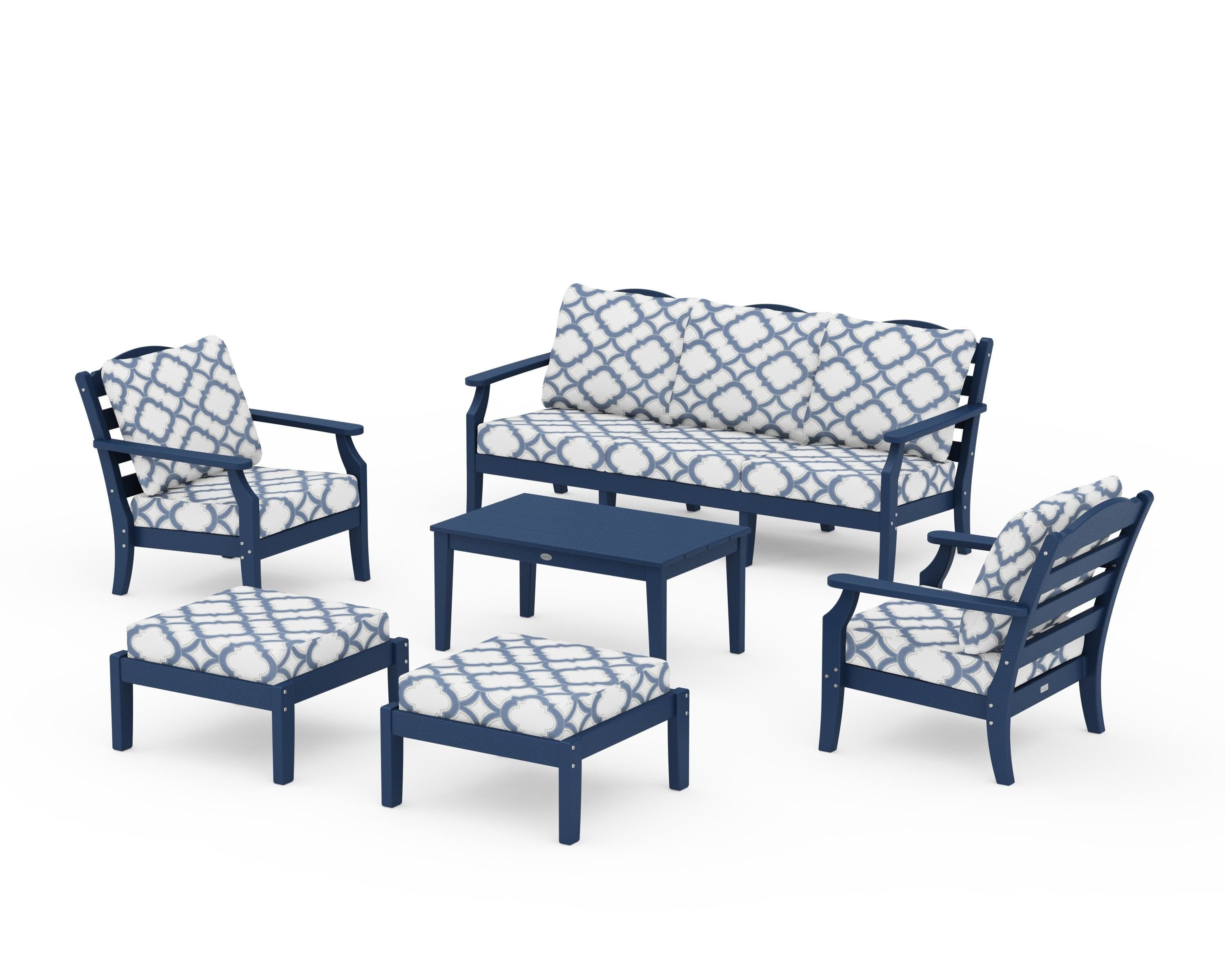 Draper James™ by  POLYWOOD® Savannah 6-Piece Lounge Sofa Set in Navy / Trellis Sky Blue