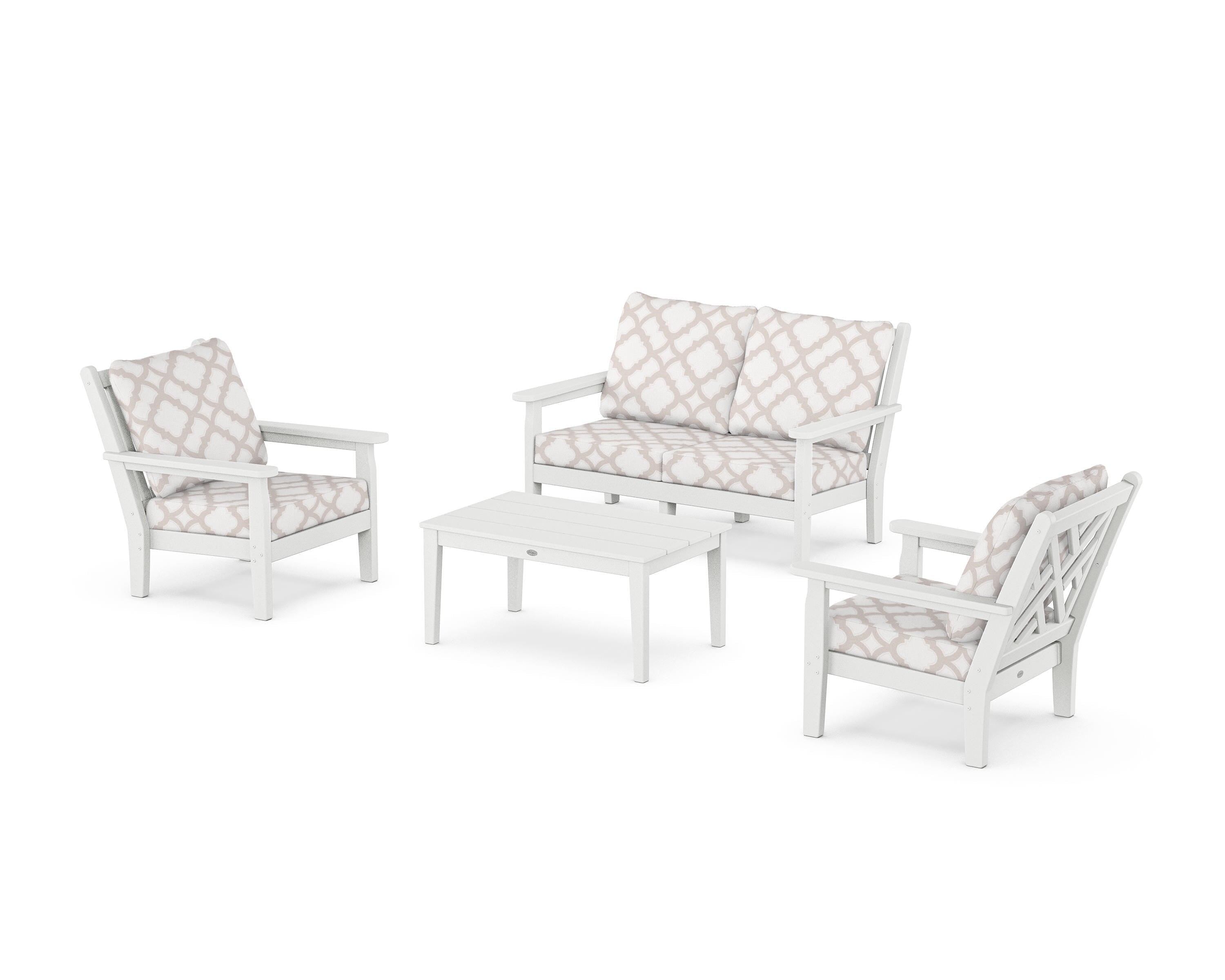 POLYWOOD® Chippendale 4-Piece Deep Seating Set with Loveseat in White / Trellis Dune Burlap