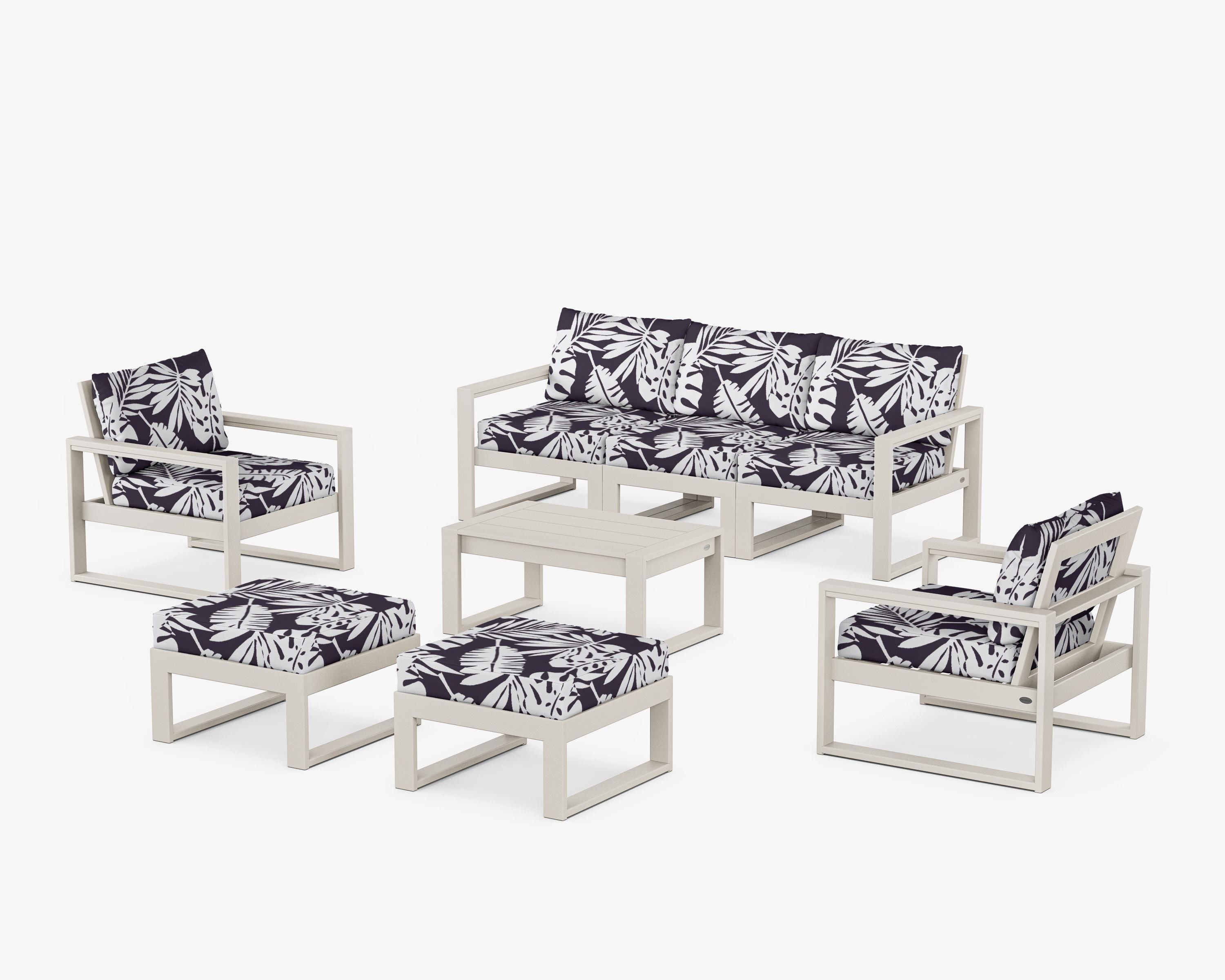 POLYWOOD® EDGE Sectional 8-Piece Lounge Sofa Set in Sand / Leaf Navy