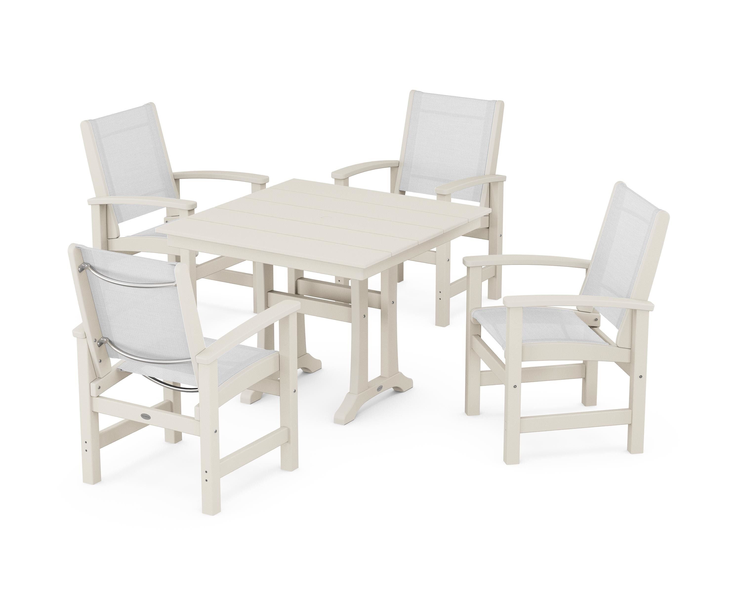 POLYWOOD® Coastal 5-Piece Farmhouse Dining Set With Trestle Legs in Sand / White Sling