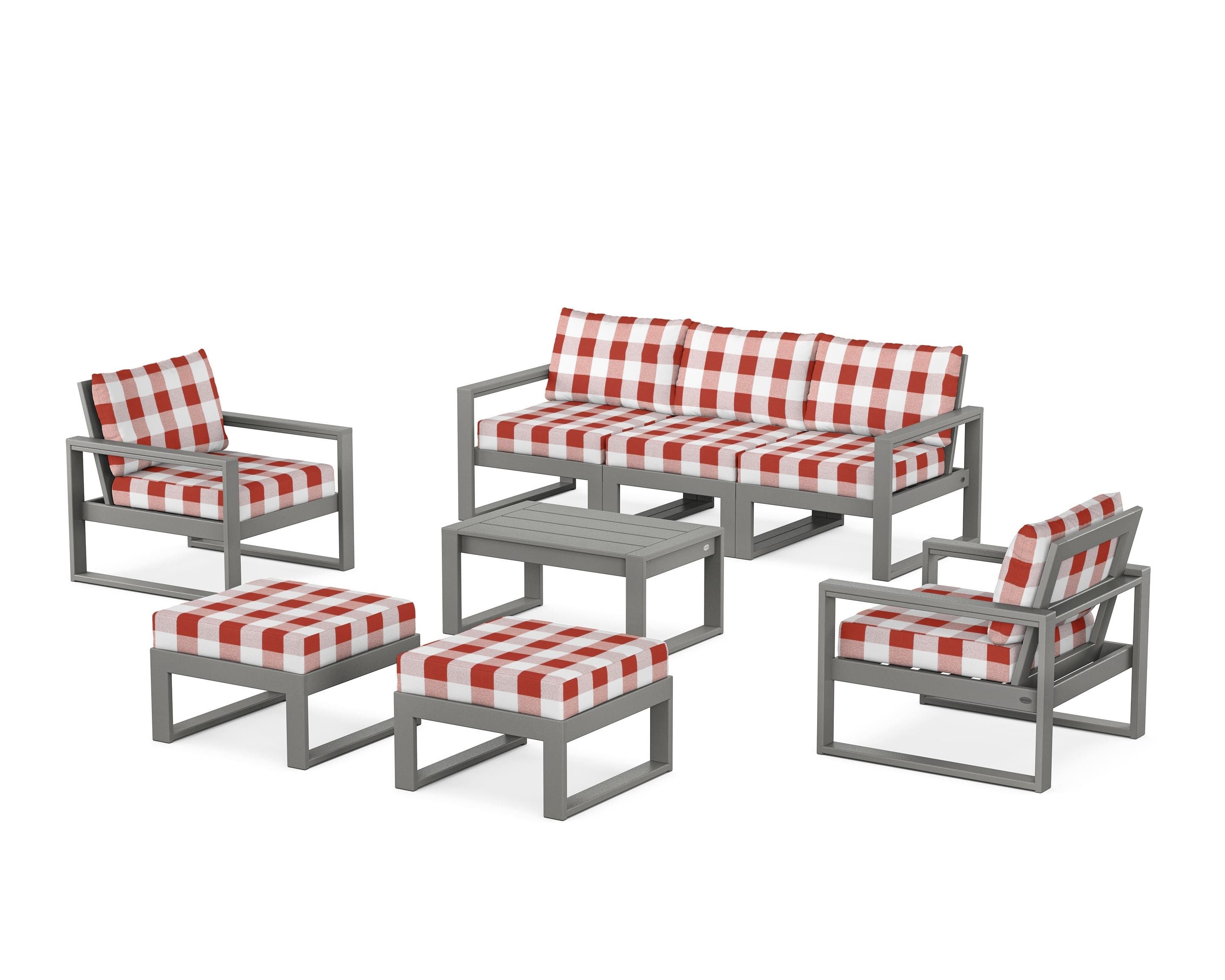POLYWOOD® EDGE Sectional 8-Piece Lounge Sofa Set in Slate Grey / Buffalo Plaid Crimson