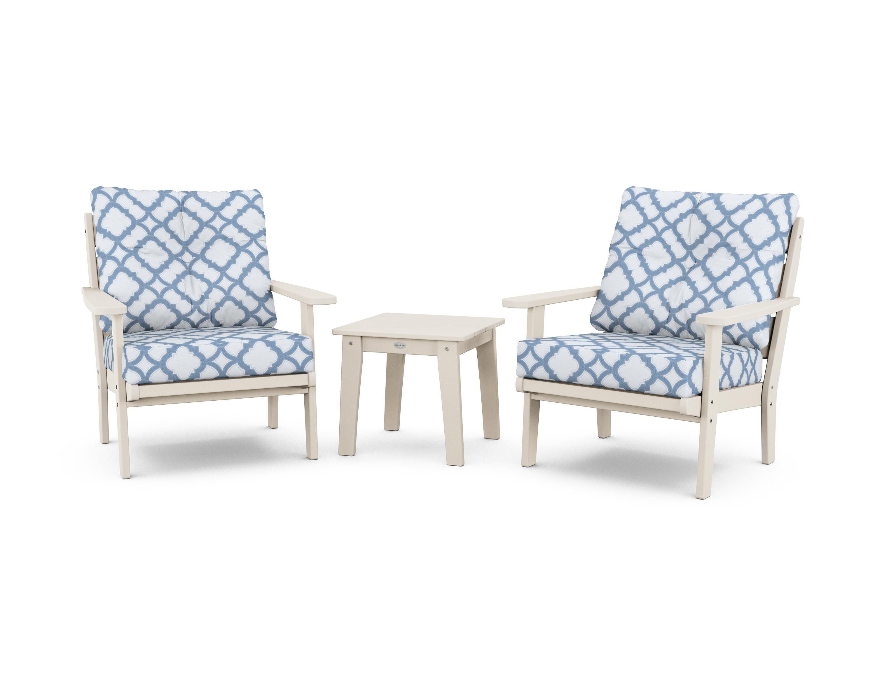 POLYWOOD® Lakeside 3-Piece Deep Seating Chair Set in Sand / Trellis Sky Blue