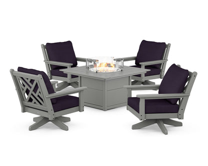 POLYWOOD® Chippendale 5-Piece Deep Seating Swivel Conversation Set with Fire Pit Table in Slate Grey / Navy Linen