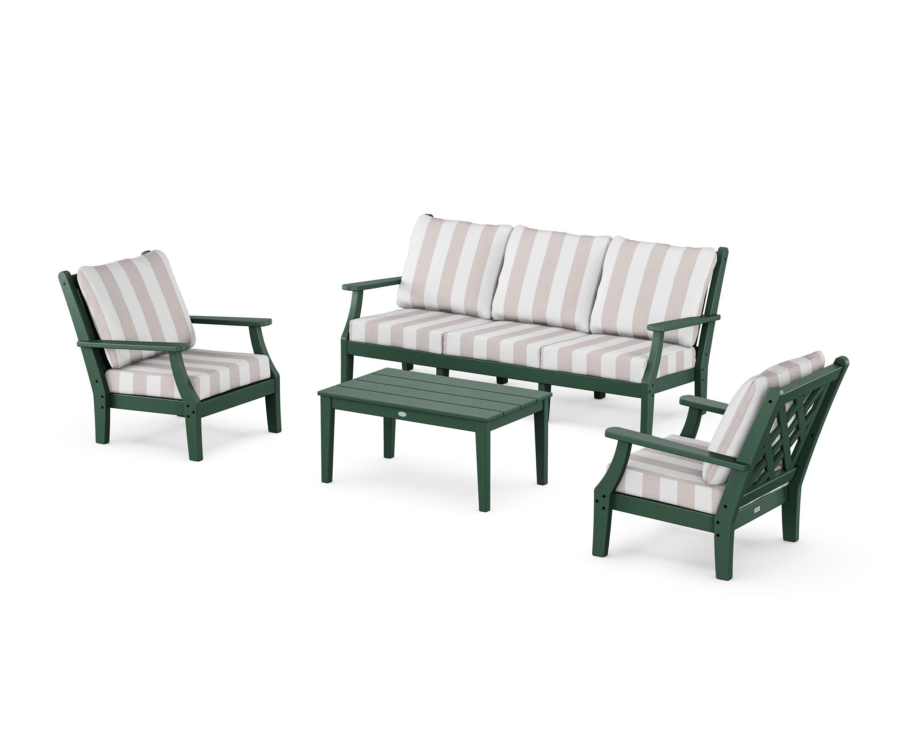Country Living Wovendale 4-Piece Deep Seating Set with Sofa in Green / Cabana Stripe Dune Burlap