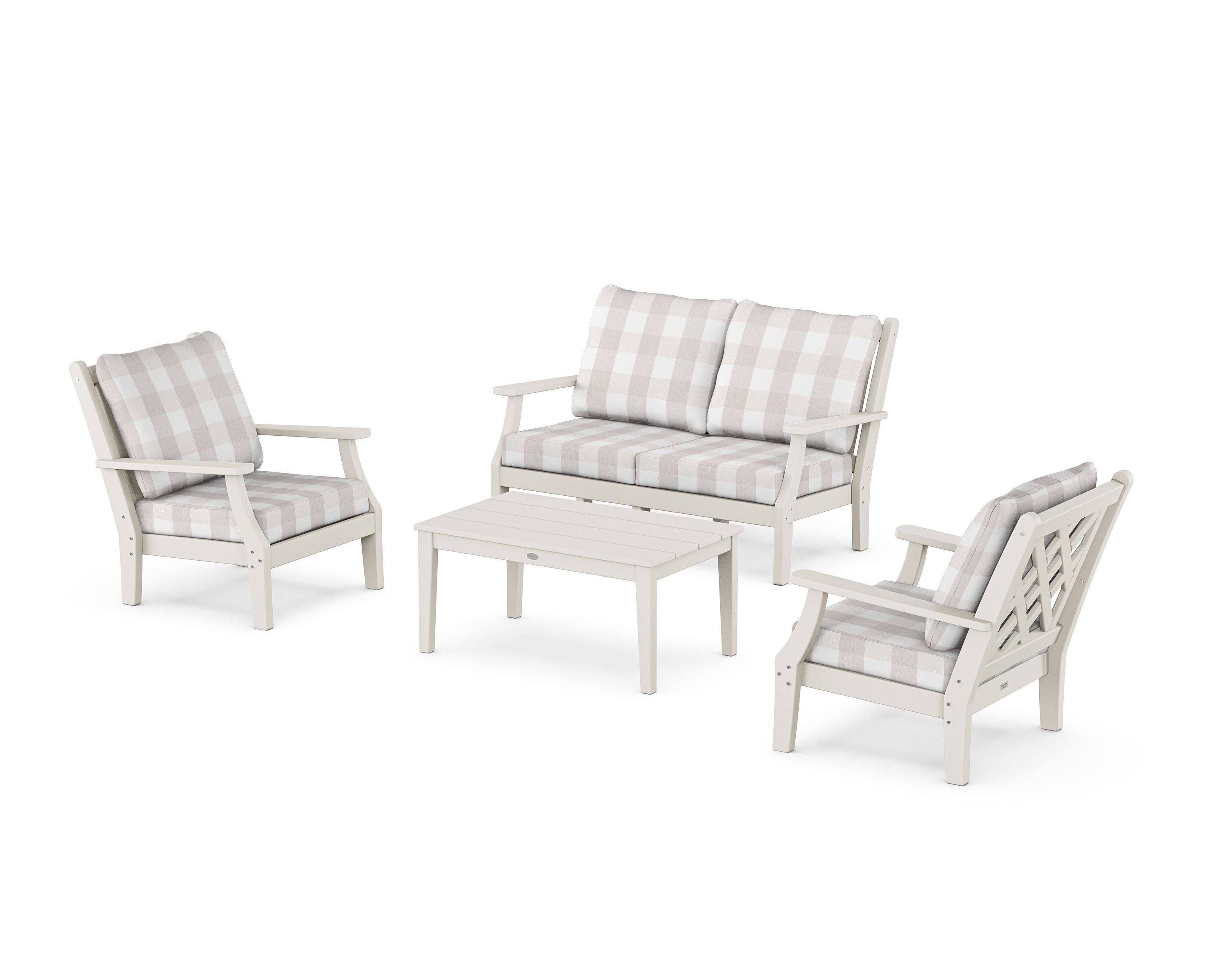 Country Living Wovendale 4-Piece Deep Seating Set with Loveseat in Sand / Buffalo Plaid Dune Burlap