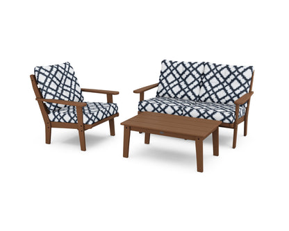 POLYWOOD® Lakeside 3-Piece Deep Seating Set in Teak / Trellis Marine Indigo