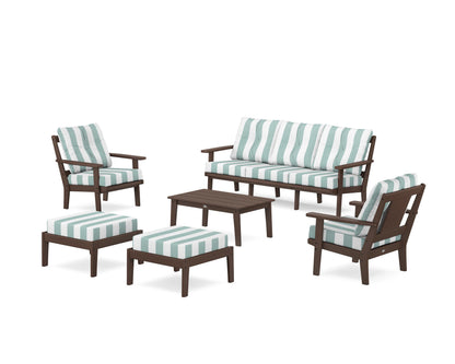 POLYWOOD® Prairie 6-Piece Lounge Sofa Set in Mahogany / Cabana Stripe Glacier Spa