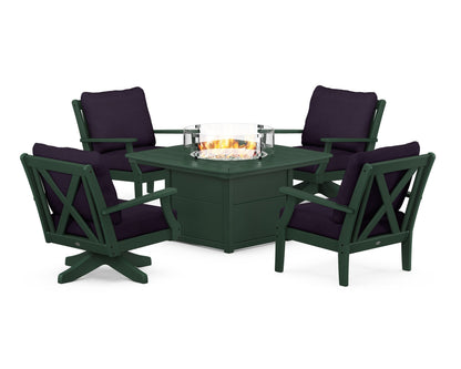 POLYWOOD® Braxton 5-Piece Deep Seating Set with Fire Table in Green / Navy Linen