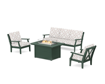 POLYWOOD® Braxton Deep Seating Fire Pit Table Set in Green / Trellis Dune Burlap