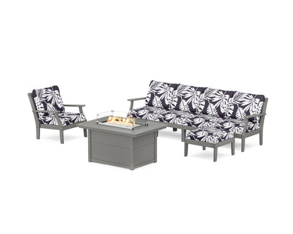 POLYWOOD® Braxton Sectional Lounge and Fire Pit Set in Slate Grey / Leaf Navy