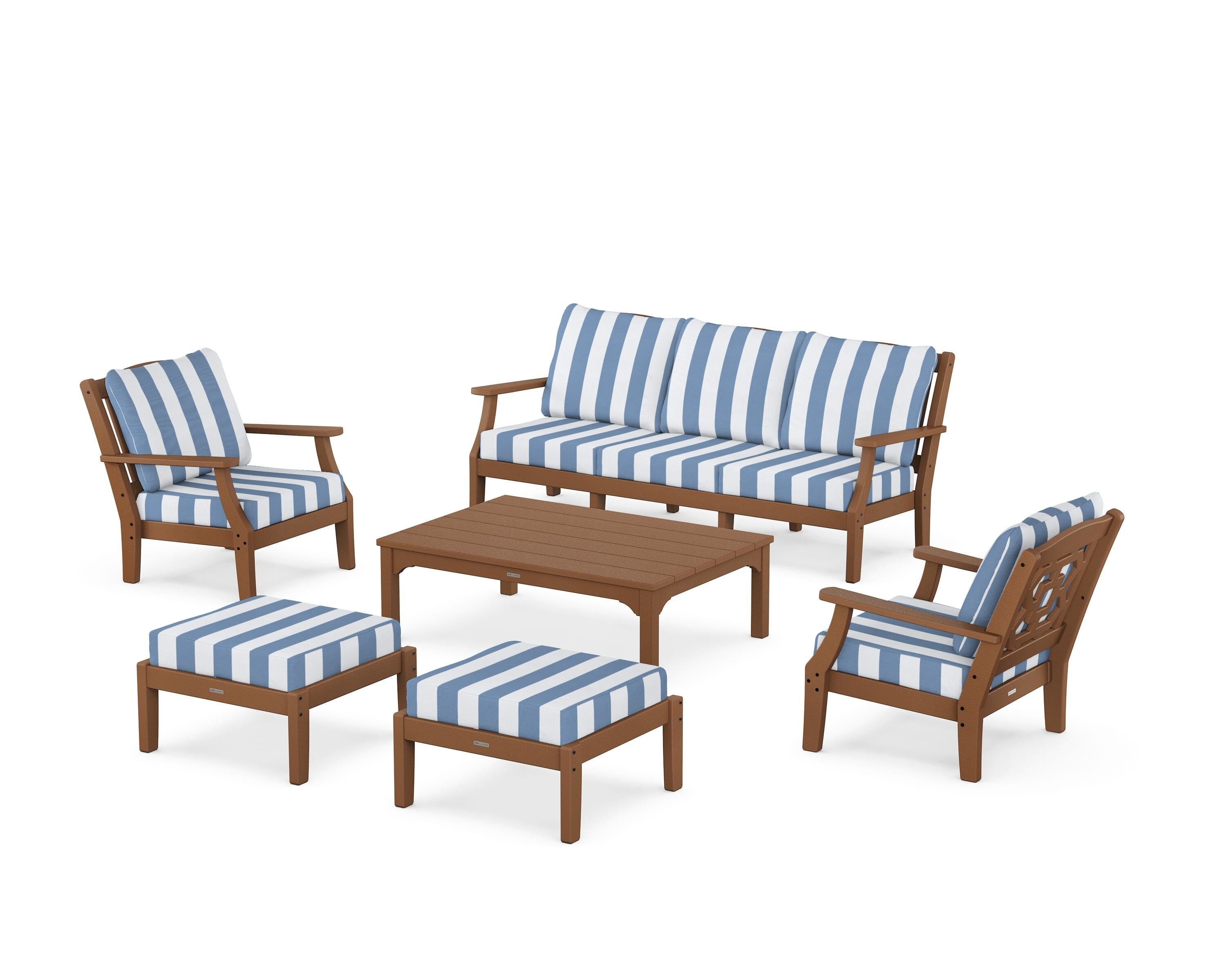 Martha Stewart by POLYWOOD® Chinoiserie 6-Piece Lounge Sofa Set in Teak / Cabana Stripe Sky Blue
