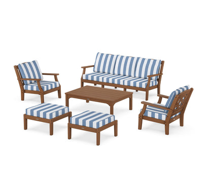 Martha Stewart by POLYWOOD® Chinoiserie 6-Piece Lounge Sofa Set in Teak / Cabana Stripe Sky Blue
