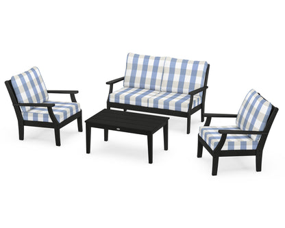 POLYWOOD® Braxton 4-Piece Deep Seating Chair Set in Black / Buffalo Plaid Sky Blue