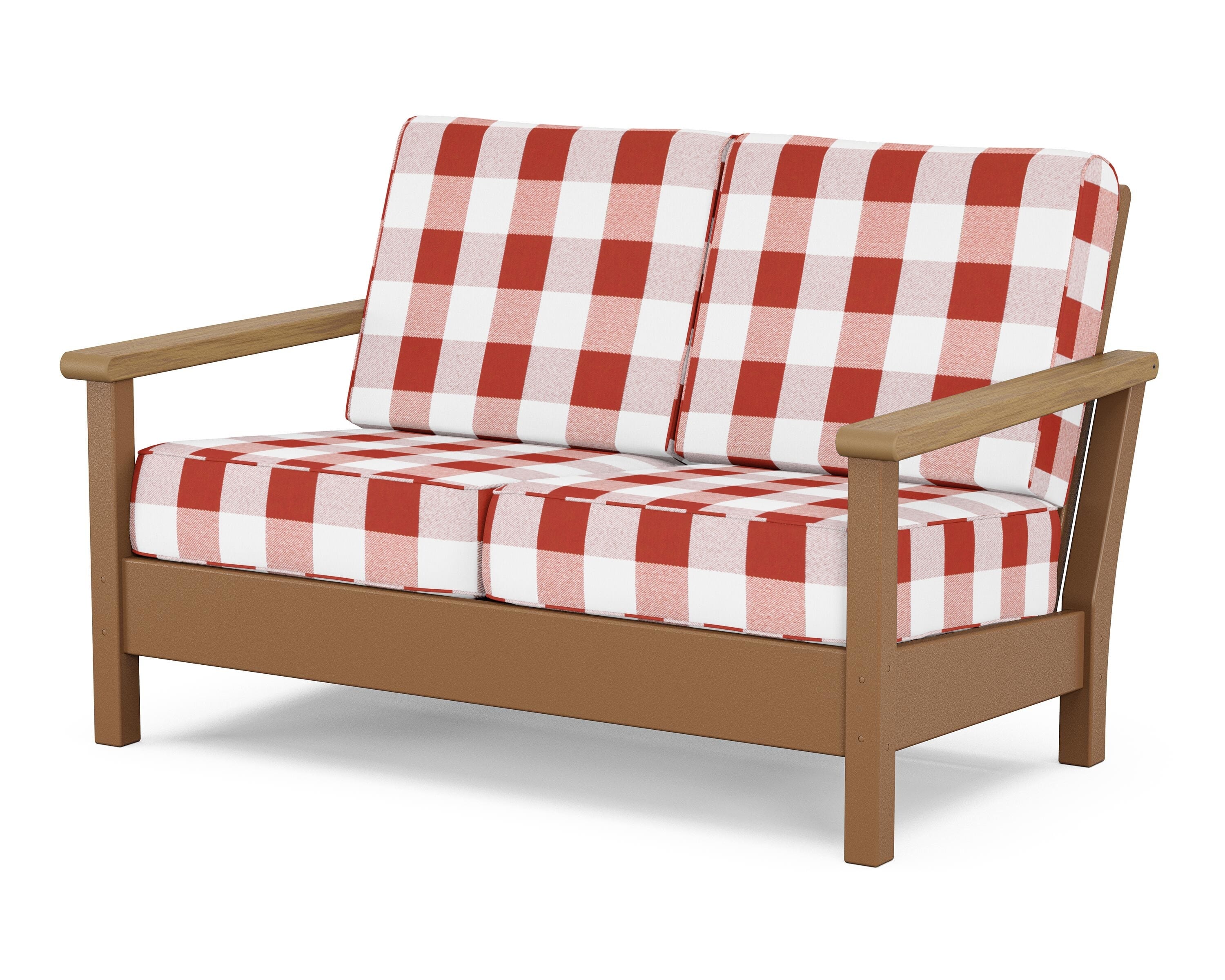 POLYWOOD® Harbour Deep Seating Loveseat in Teak / Natural / Buffalo Plaid Crimson