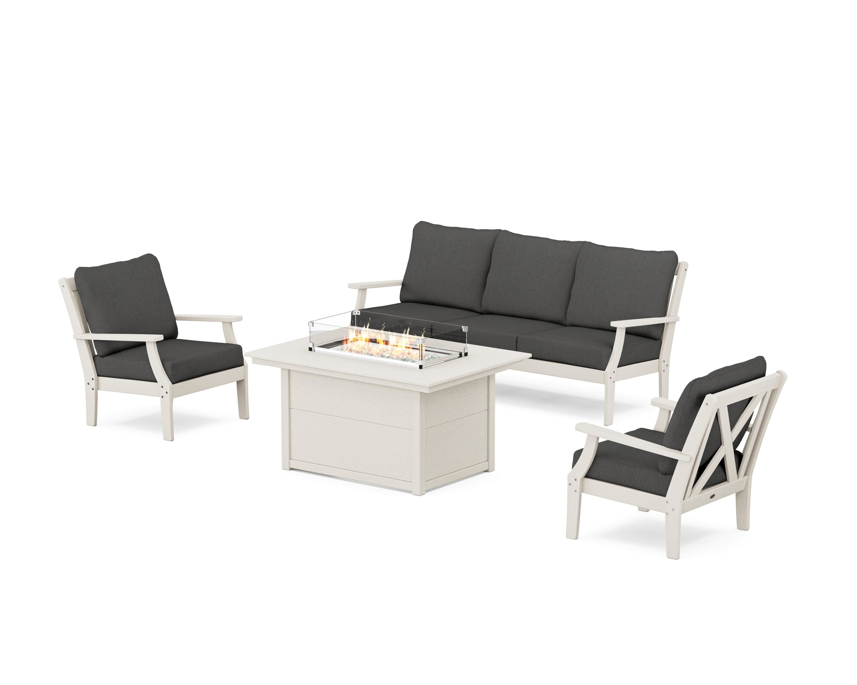 POLYWOOD® Braxton Deep Seating Fire Pit Table Set in Sand / Spectrum Carbon