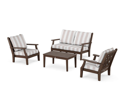 Country Living Wovendale 4-Piece Deep Seating Set with Loveseat in Mahogany / Cabana Stripe Dune Burlap