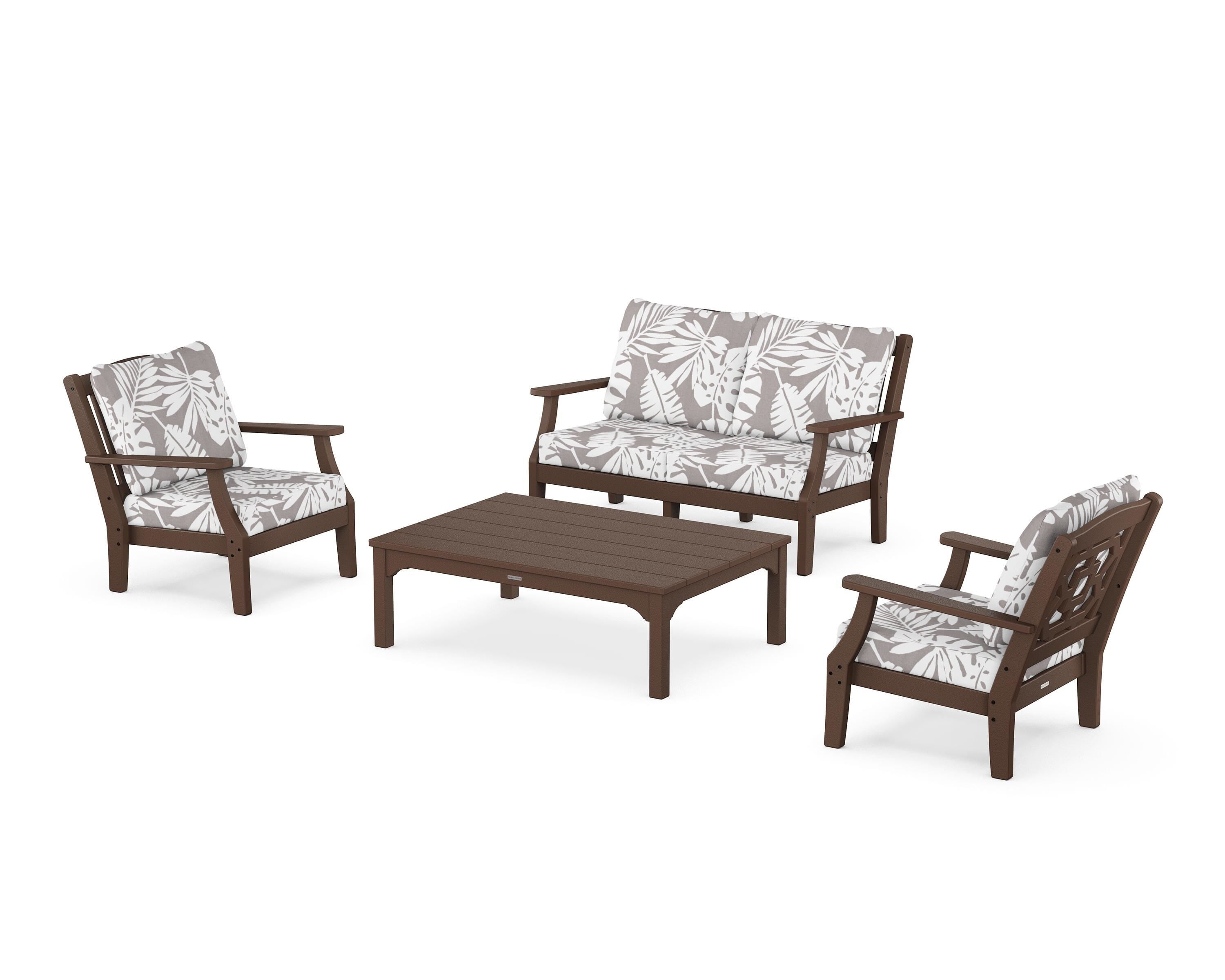 Martha Stewart by POLYWOOD® Chinoiserie 4-Piece Deep Seating Set with Loveseat in Mahogany / Leaf Grey Mist