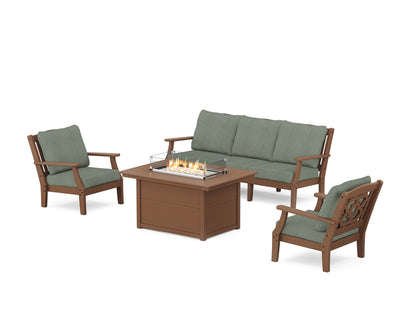 Martha Stewart by POLYWOOD® Chinoiserie Deep Seating Fire Pit Table Set in Teak / Cast Sage