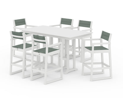 POLYWOOD® EDGE Sling Arm Chair 7-Piece Farmhouse Bar Set in White / Dupioni Sea Mist Sling