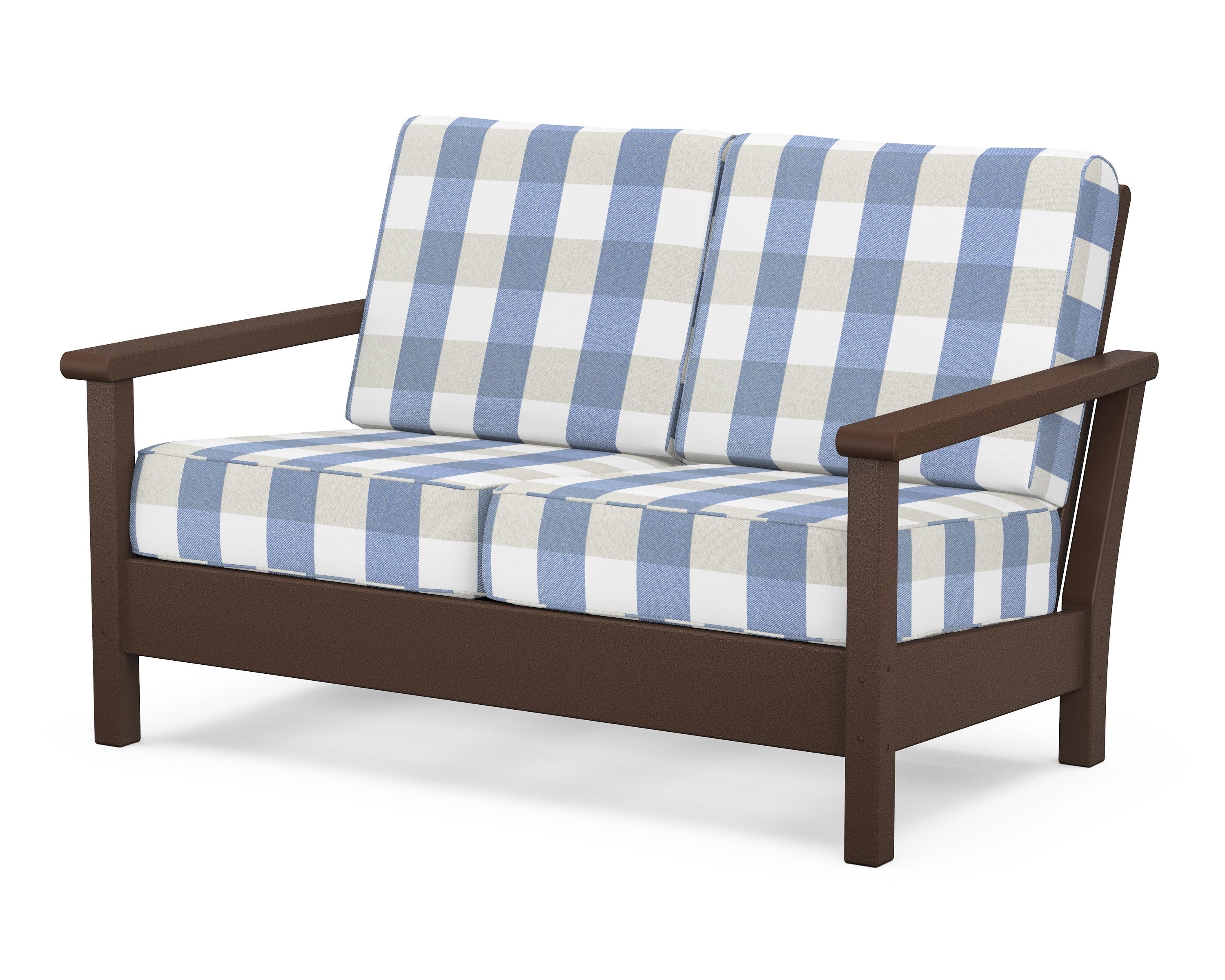 POLYWOOD® Harbour Deep Seating Loveseat in Mahogany / Buffalo Plaid Sky Blue