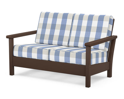POLYWOOD® Harbour Deep Seating Loveseat in Mahogany / Buffalo Plaid Sky Blue