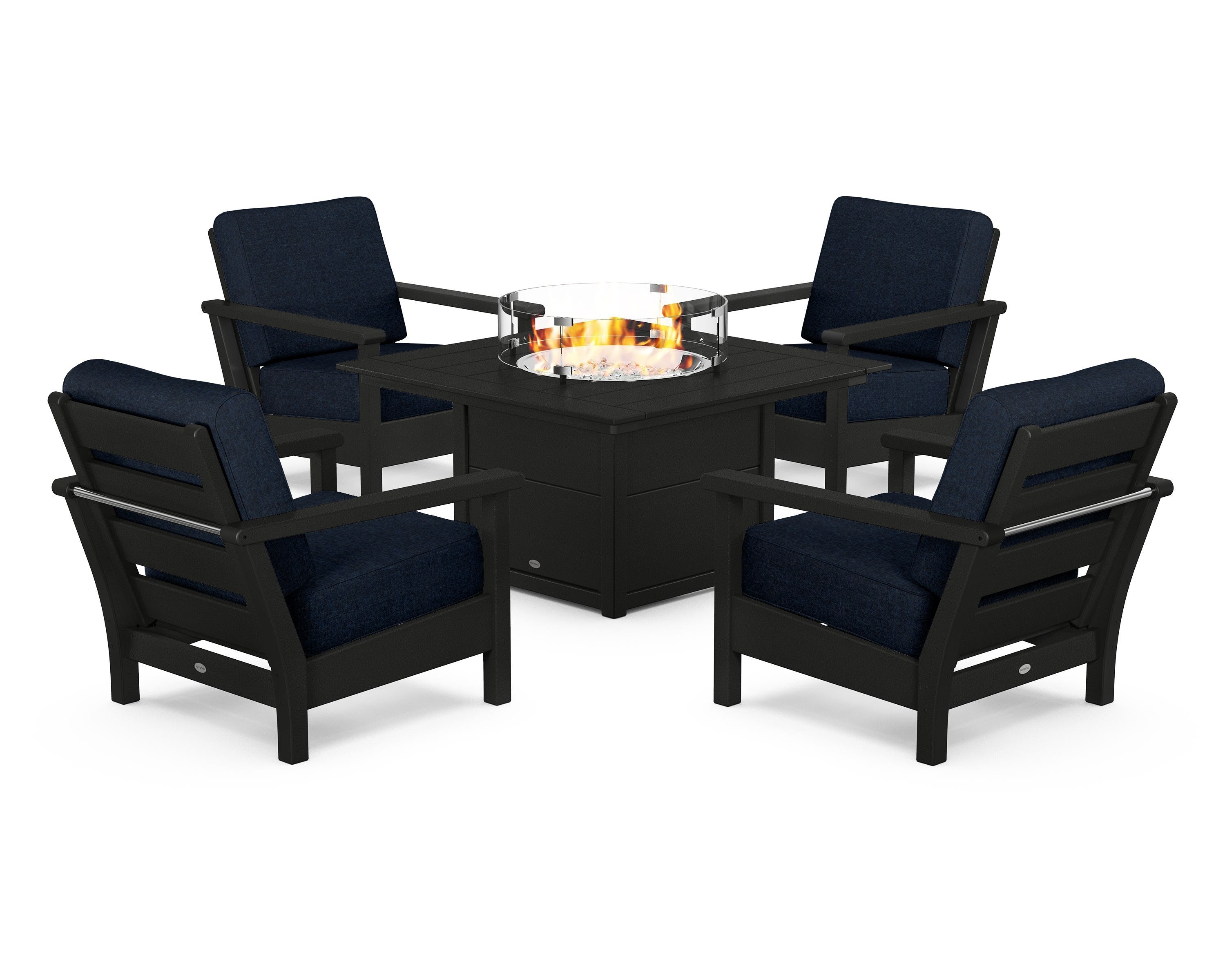 POLYWOOD® Harbour 5-Piece Conversation Set with Fire Pit Table in Black / Marine Indigo