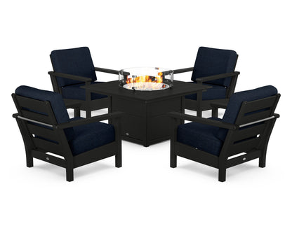 POLYWOOD® Harbour 5-Piece Conversation Set with Fire Pit Table in Black / Marine Indigo