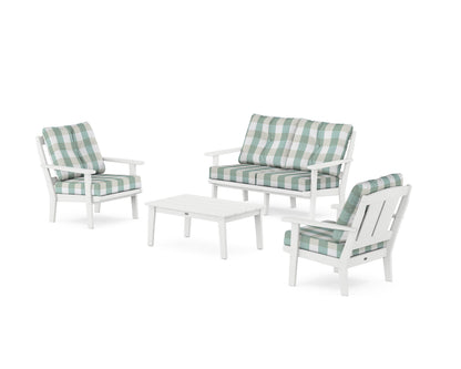 POLYWOOD® Mission 4-Piece Deep Seating Set with Loveseat in White / Buffalo Plaid Glacier Spa