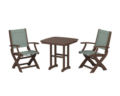 POLYWOOD® Coastal Folding Chair 3-Piece Dining Set in Mahogany / Dupioni Sea Mist Sling