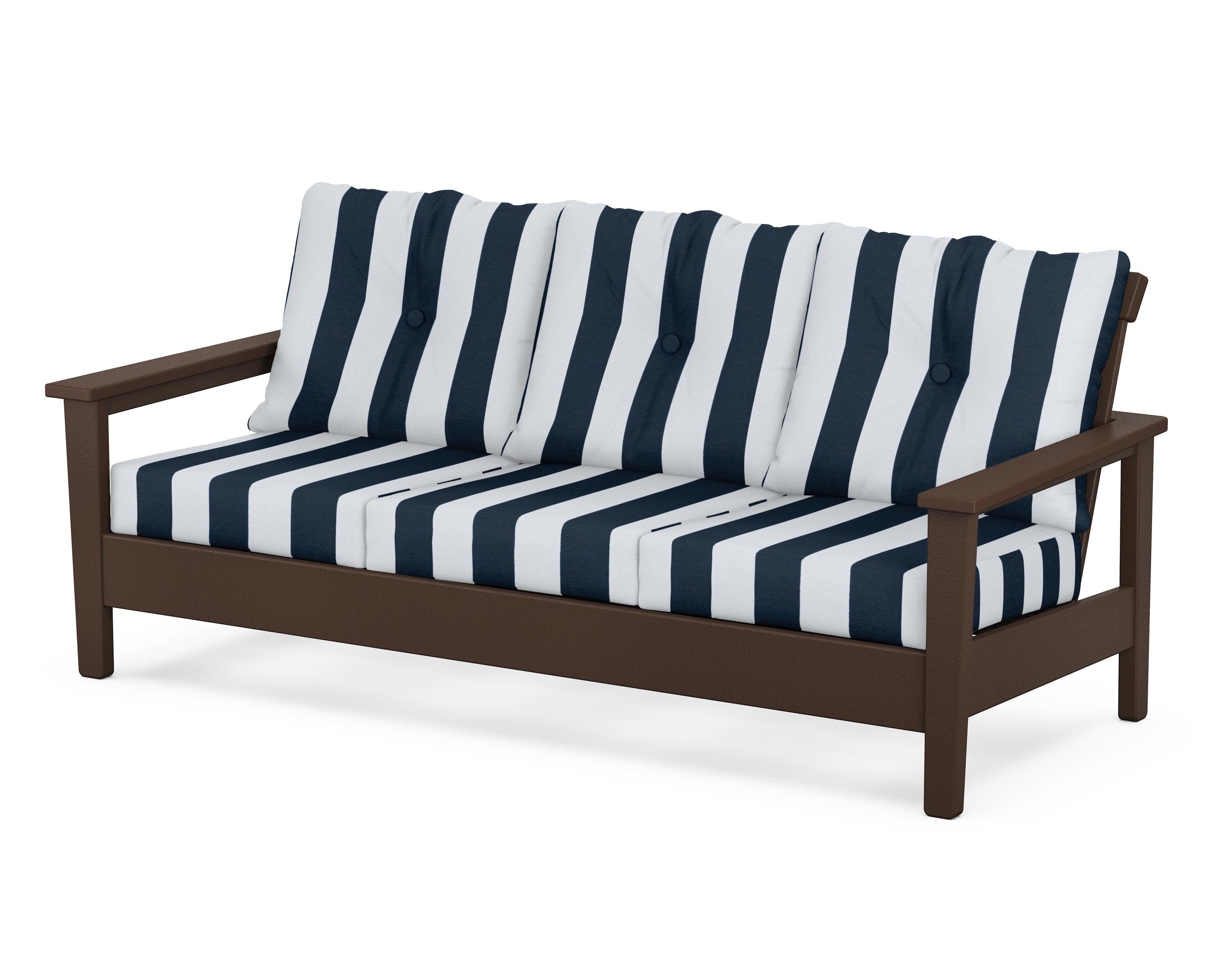 POLYWOOD® Prescott Deep Seating Sofa in Mahogany / Cabana Stripe Marine Indigo