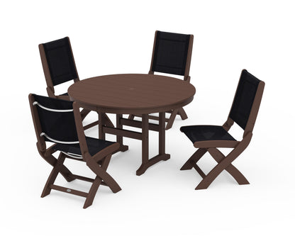 POLYWOOD® Coastal Folding Side Chair 5-Piece Round Dining Set in Mahogany / Black Sling