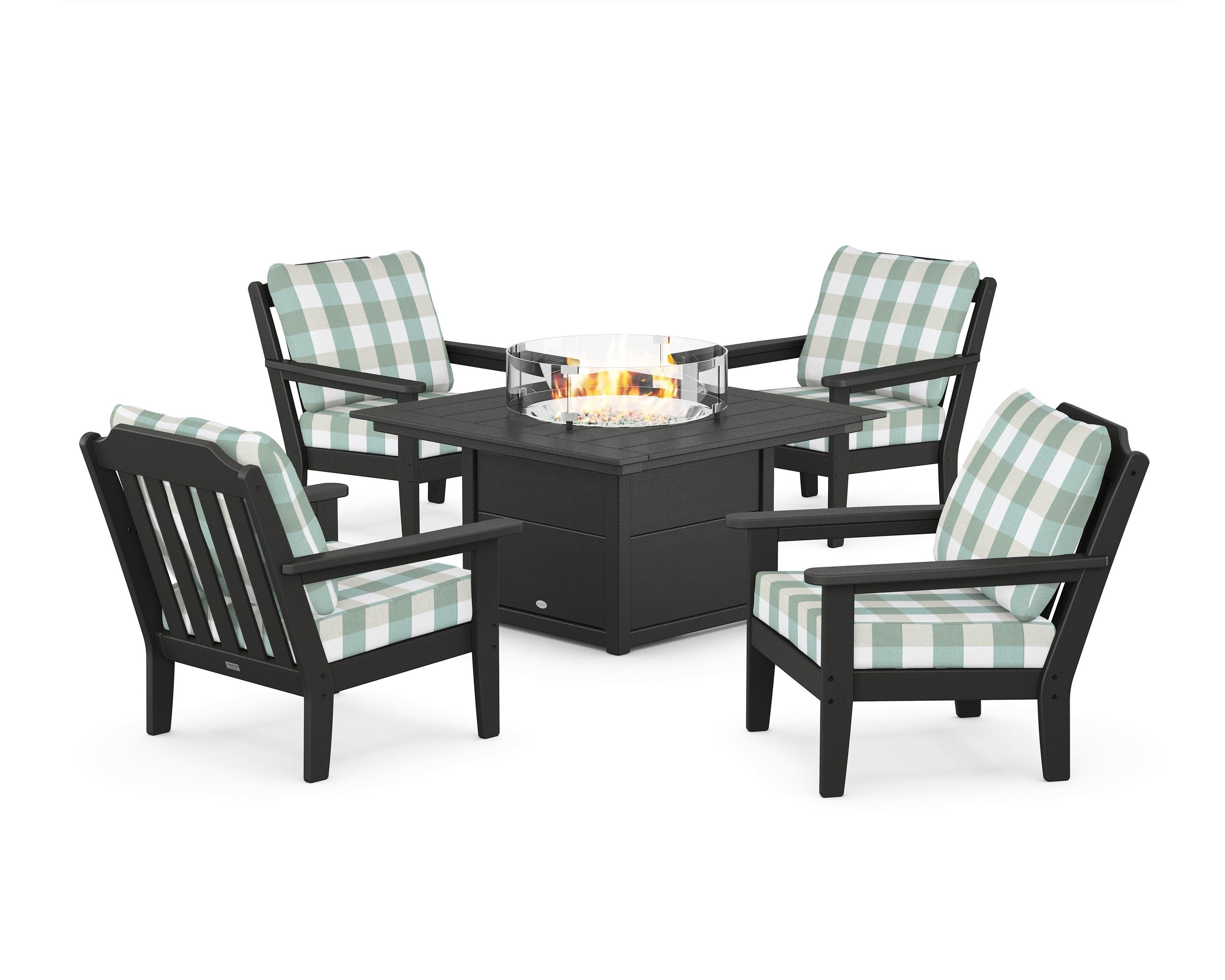 Country Living Cottage 5-Piece Deep Seating Set with Fire Pit Table in Black / Buffalo Plaid Glacier Spa