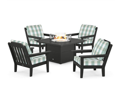 Country Living Cottage 5-Piece Deep Seating Set with Fire Pit Table in Black / Buffalo Plaid Glacier Spa
