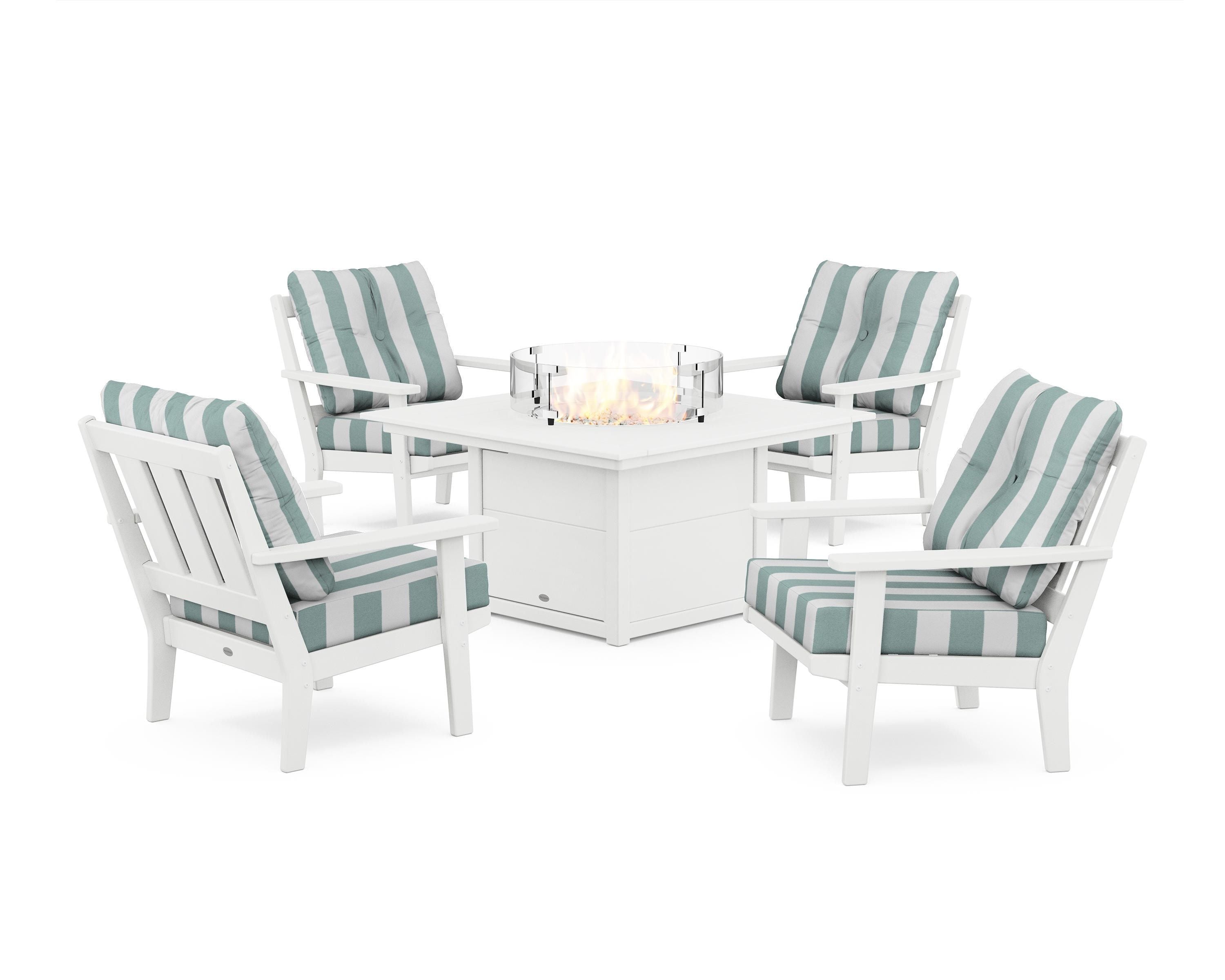 POLYWOOD® Oxford 5-Piece Deep Seating Set with Fire Pit Table in White / Cabana Stripe Glacier Spa