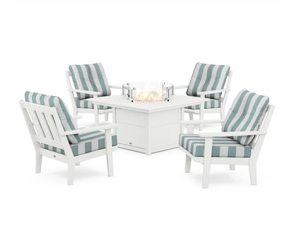 POLYWOOD® Oxford 5-Piece Deep Seating Set with Fire Pit Table in White / Cabana Stripe Glacier Spa