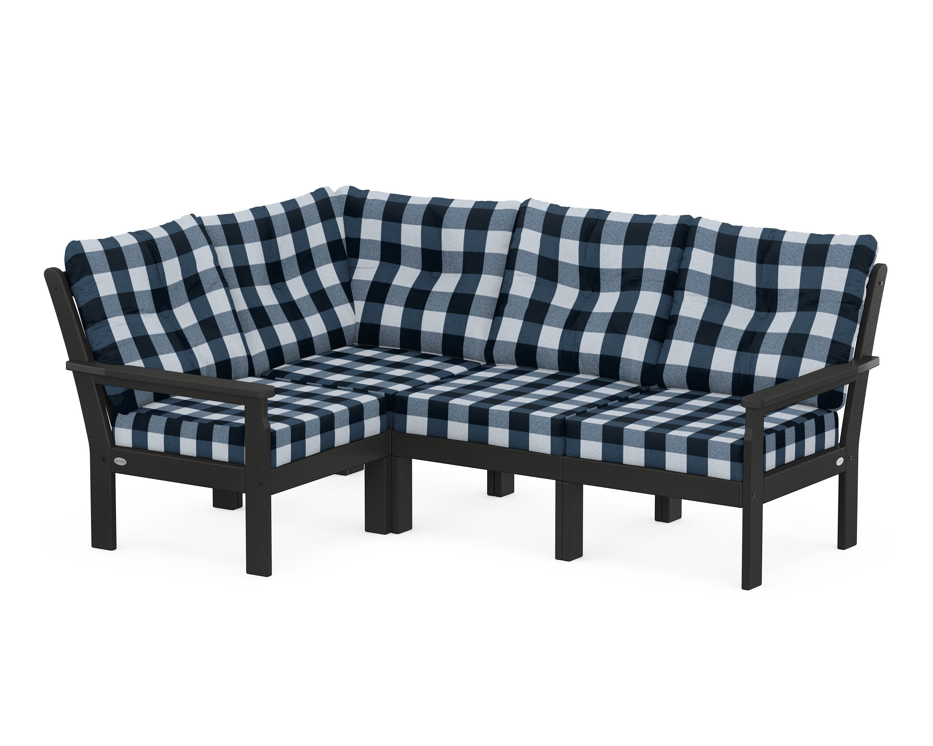 POLYWOOD® Vineyard 4-Piece Sectional in Black / Buffalo Plaid Marine Indigo