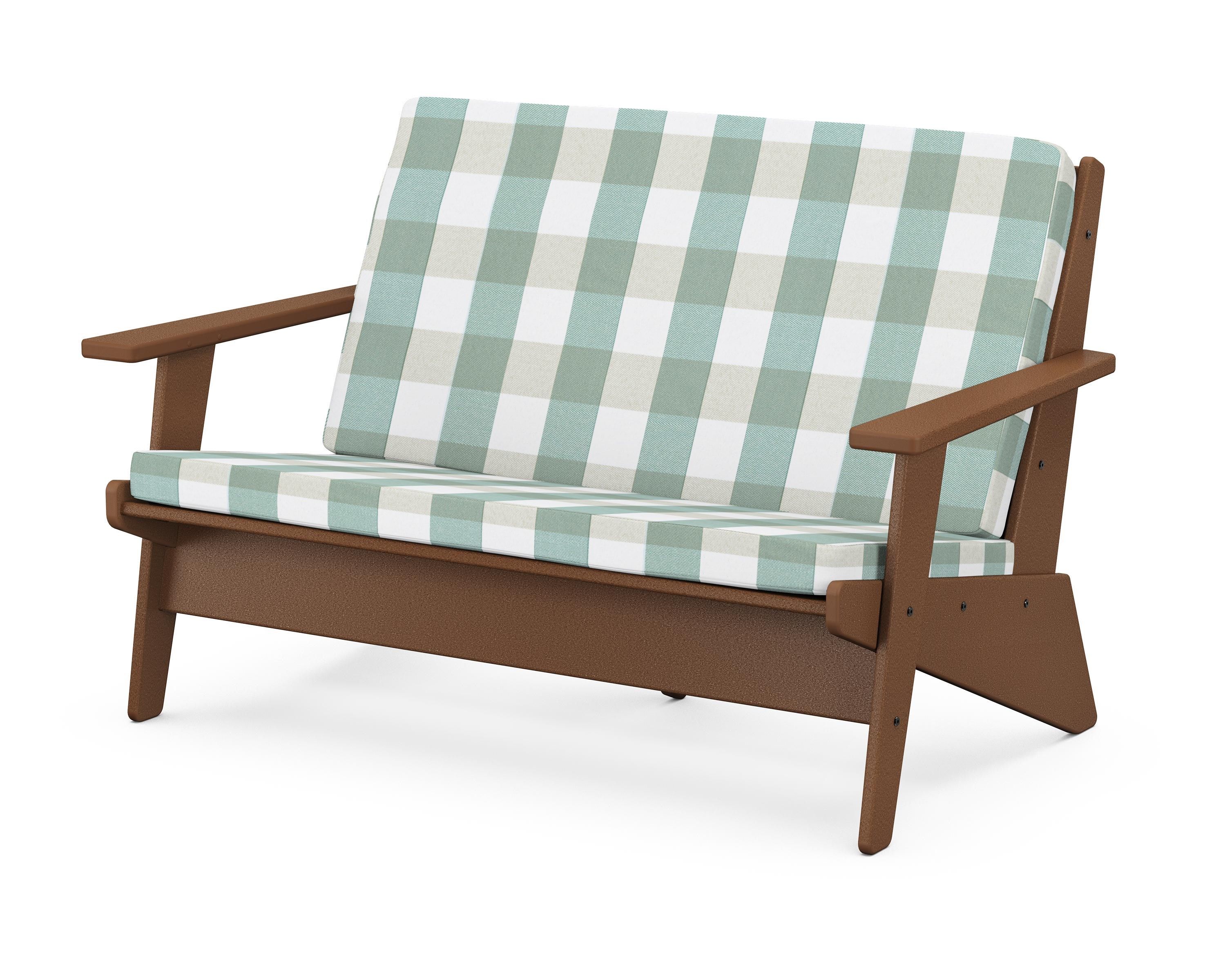 POLYWOOD® Riviera Modern Lounge Loveseat in Teak / Buffalo Plaid Glacier Spa