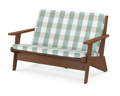 POLYWOOD® Riviera Modern Lounge Loveseat in Teak / Buffalo Plaid Glacier Spa