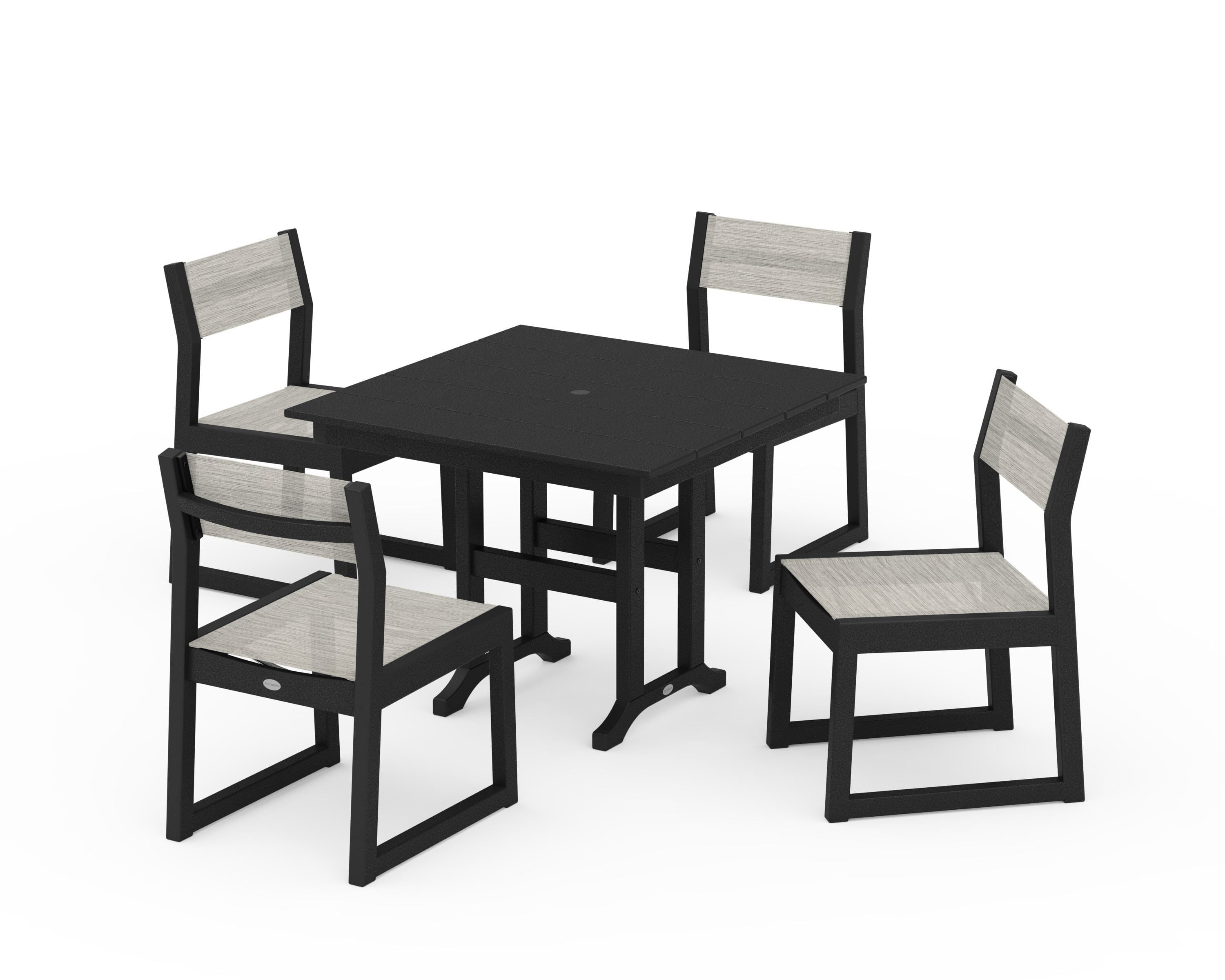 POLYWOOD® EDGE Sling Side Chair 5-Piece Farmhouse Dining Set in Black / Birch Sling