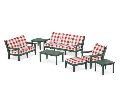 POLYWOOD® Chippendale 7-Piece Deep Seating Set in Green / Buffalo Plaid Crimson